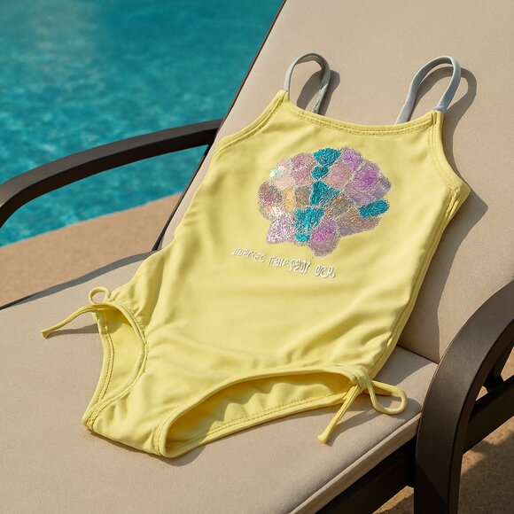 Justice One Piece Swimsuit Sequin Shell Racerback Sunshine Yellow Size 10 - Picture 1 of 13